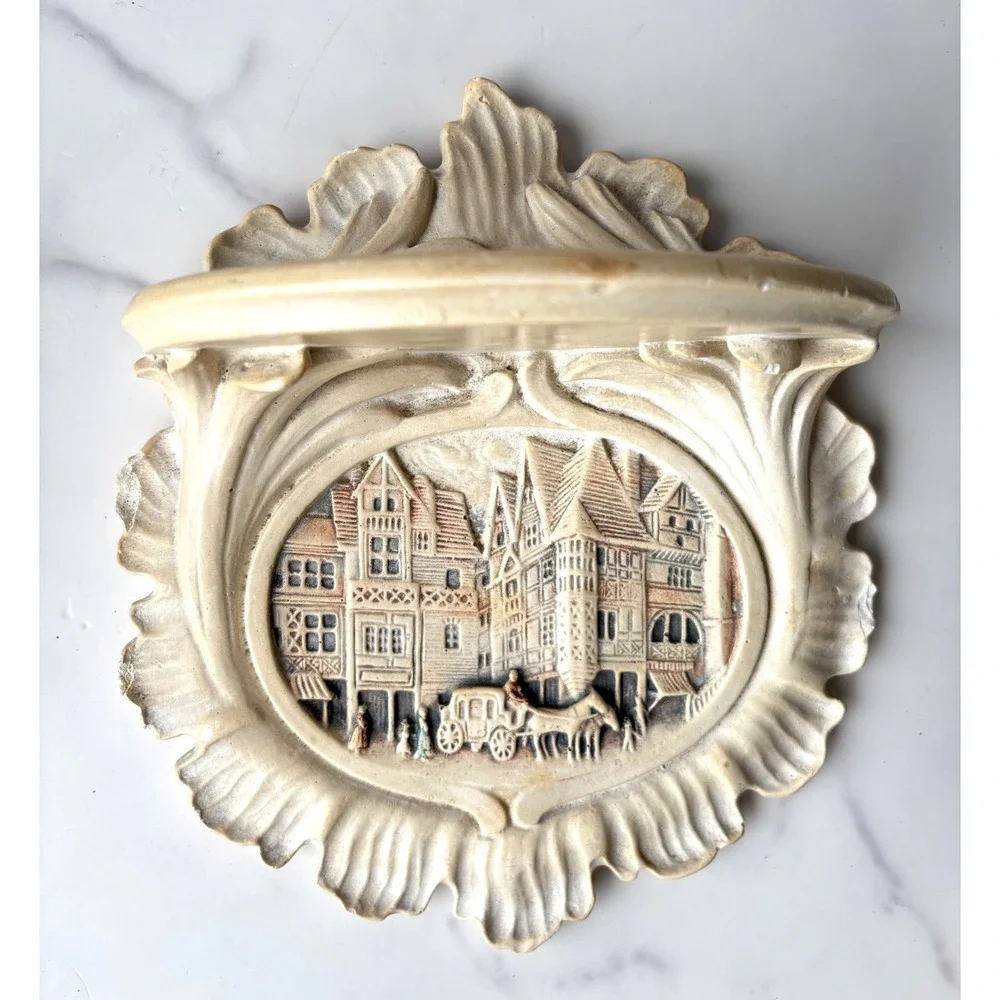 Vintage Tudor Village 3D Relief Wall Shelf Ornate Cream Corbel Horse Carriage